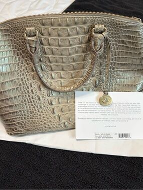 Brahmin Croc-Embossed Satchel in Metallic Taupe